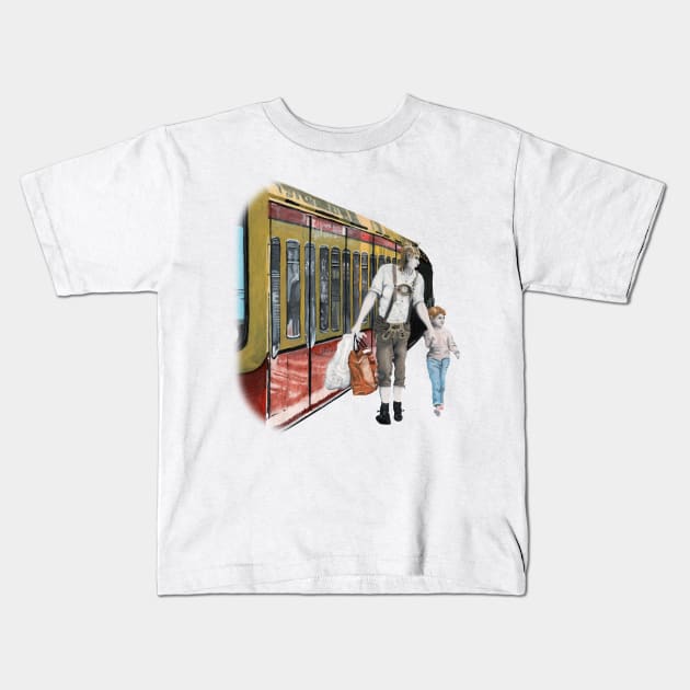 German Elf Train Town Shopping Fantasy Artwork Kids T-Shirt by Helms Art Creations